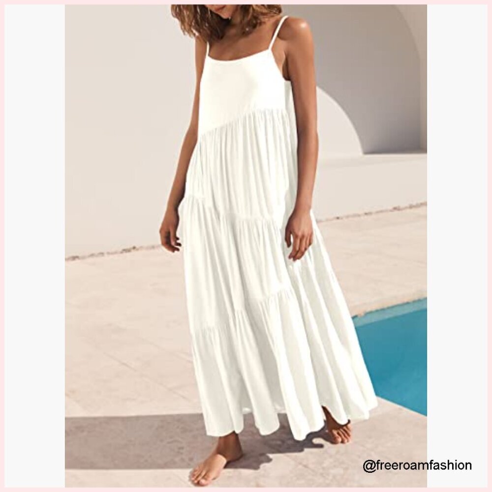Loose Fit Maxi Dress with Adjustable Straps, Flowy Swing Hem, V-Neck - Picture 3 of 7